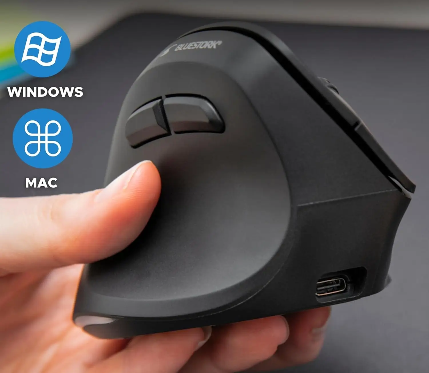 Bluestork vasakukäeliste ergonoomiline vertikaalne Hiir, juhtmevaba - Must - Image 2