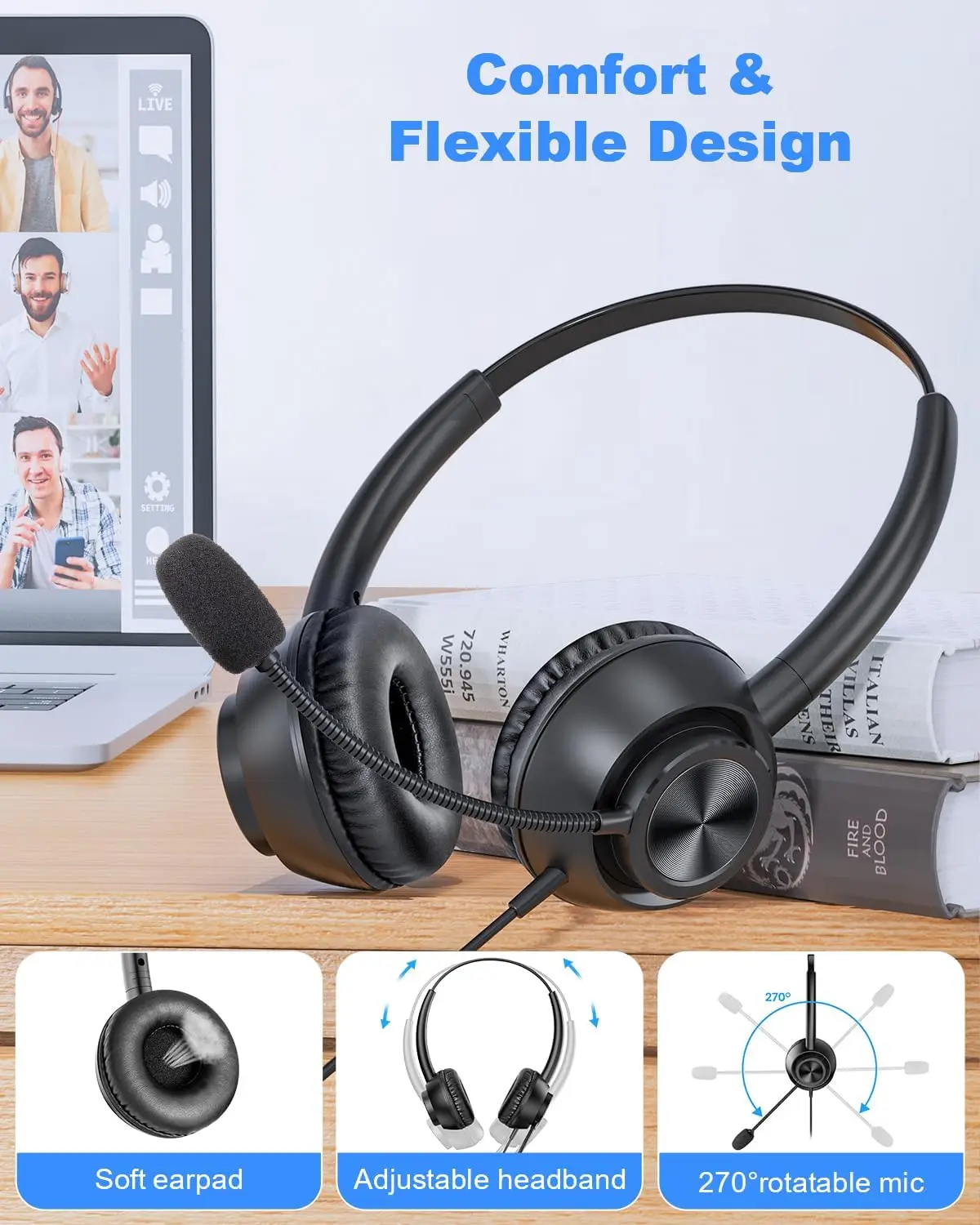 New Bee H368 USB-A ja USB-C Juhtmega Peakomplekt – Must - Image 3