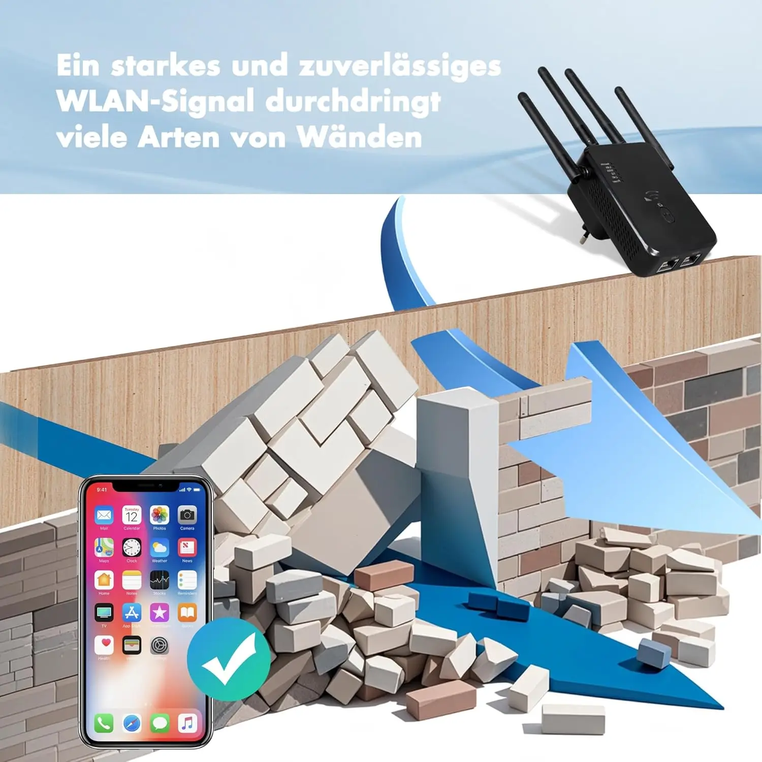QWDQWD 2025 kahesageduslik Wi-Fi pikendaja (1200 Mbit/s)- Must - Image 3
