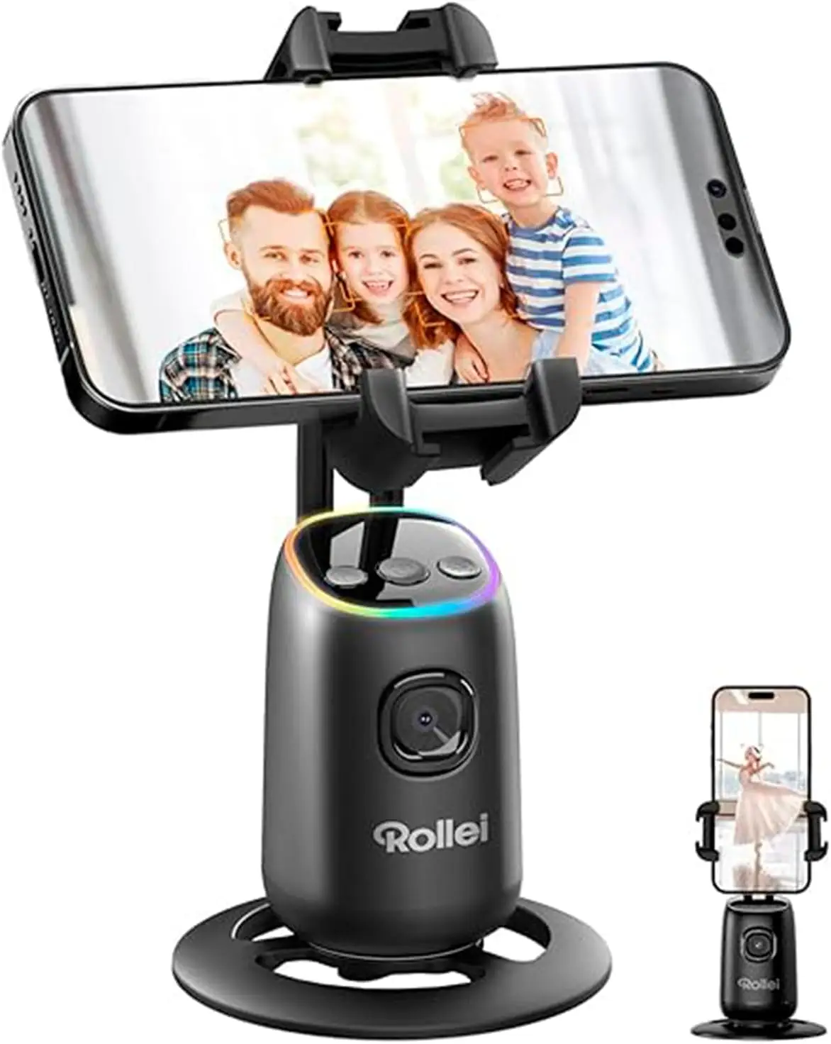 Rollei Easy Creator Desktop AI-jälgimisega telefonistatiiv (360° näotuvastus, must)