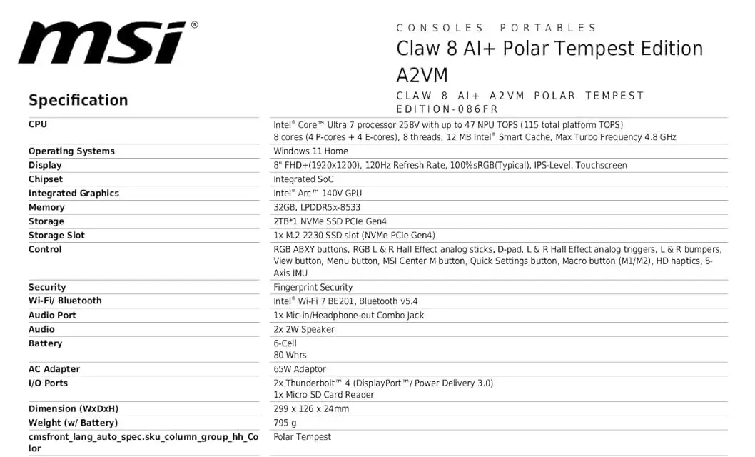 MSI Claw 8 (2TB) Kaasaskantav Mängukonsool - Polaarvalge - Pilt 8