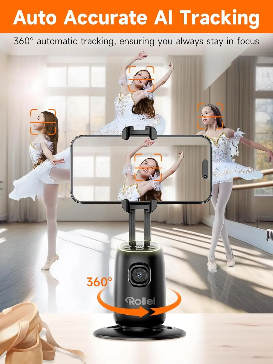 Rollei Easy Creator Desktop AI-jälgimisega telefonistatiiv (360° näotuvastus, must) - Pilt 2
