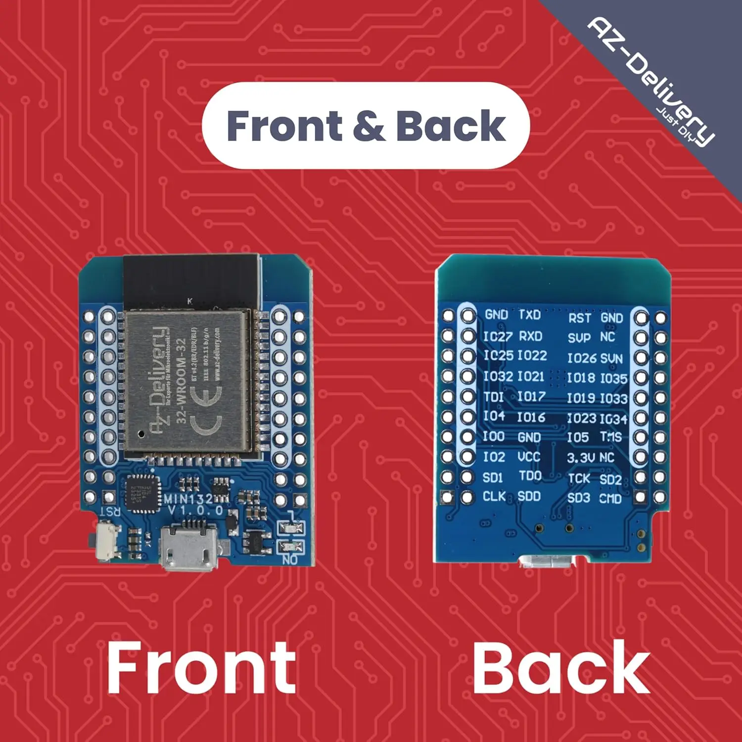 AZDelivery ESP32 D1 Mini NodeMCU arendusplaat (WiFi + Bluetooth) - Pilt 2