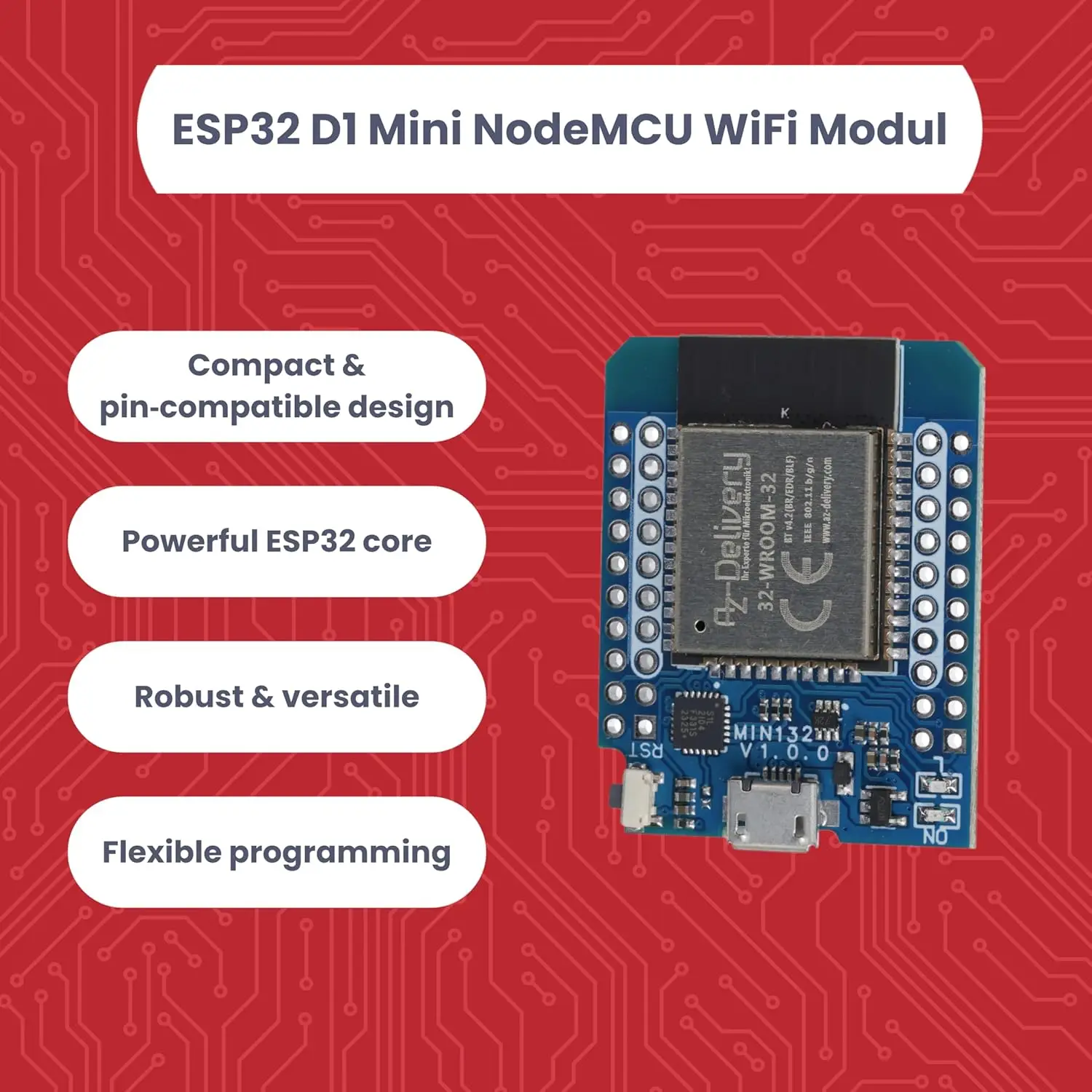 AZDelivery ESP32 D1 Mini NodeMCU arendusplaat (WiFi + Bluetooth) - Pilt 5