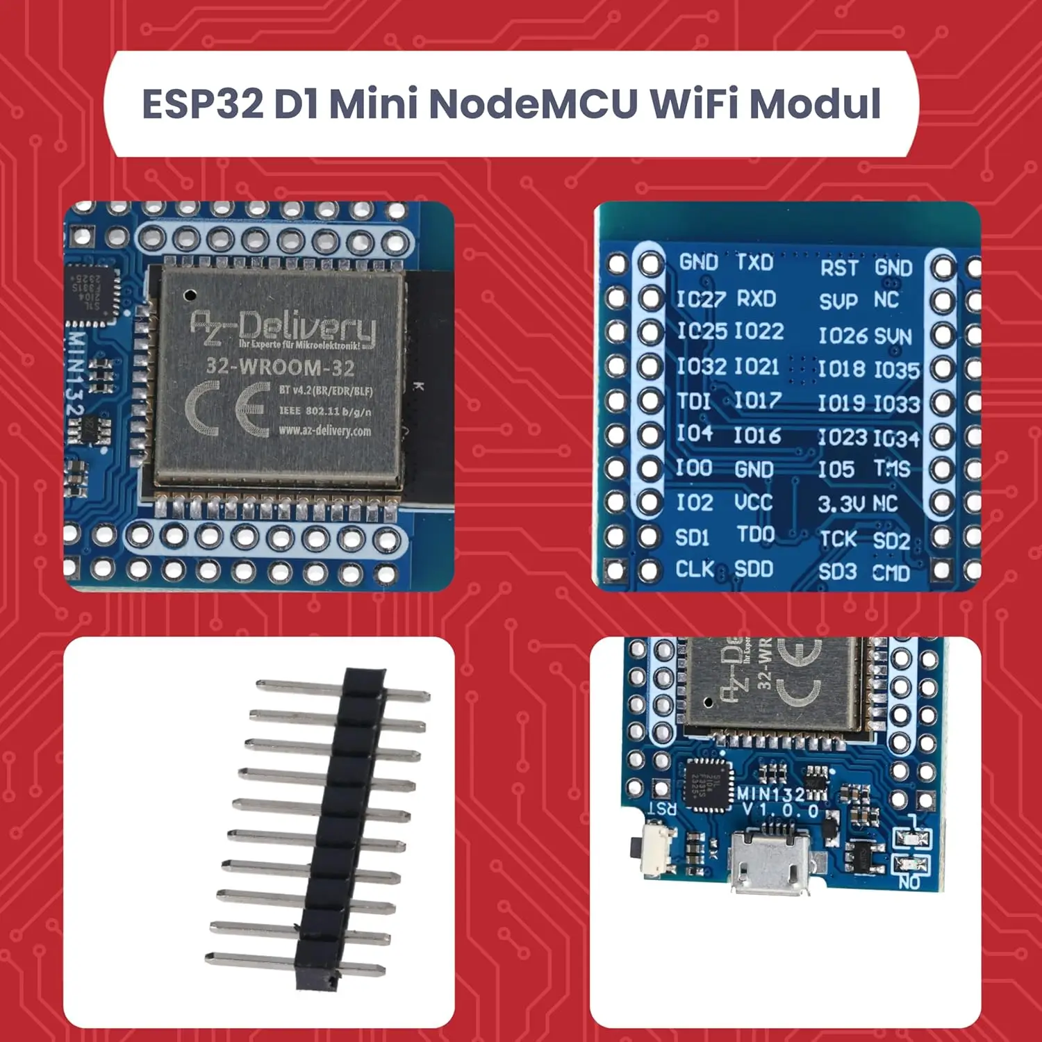 AZDelivery ESP32 D1 Mini NodeMCU arendusplaat (WiFi + Bluetooth) - Pilt 4