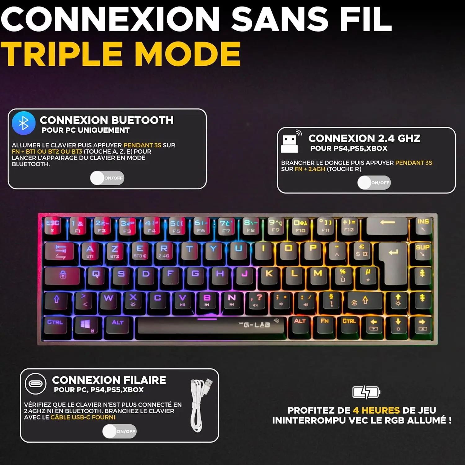 The G-Lab Keyz Titanium WL Juhtmevaba Klaviatuur (FR-QWERTY) - Must - Pilt 6