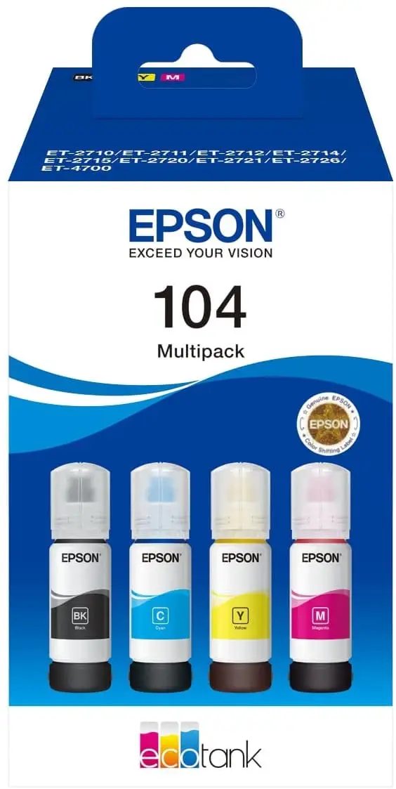 Epson EcoTank 104 originaaltindipudelite komplekt- Must, Tsüaan, Kollane, Magenta