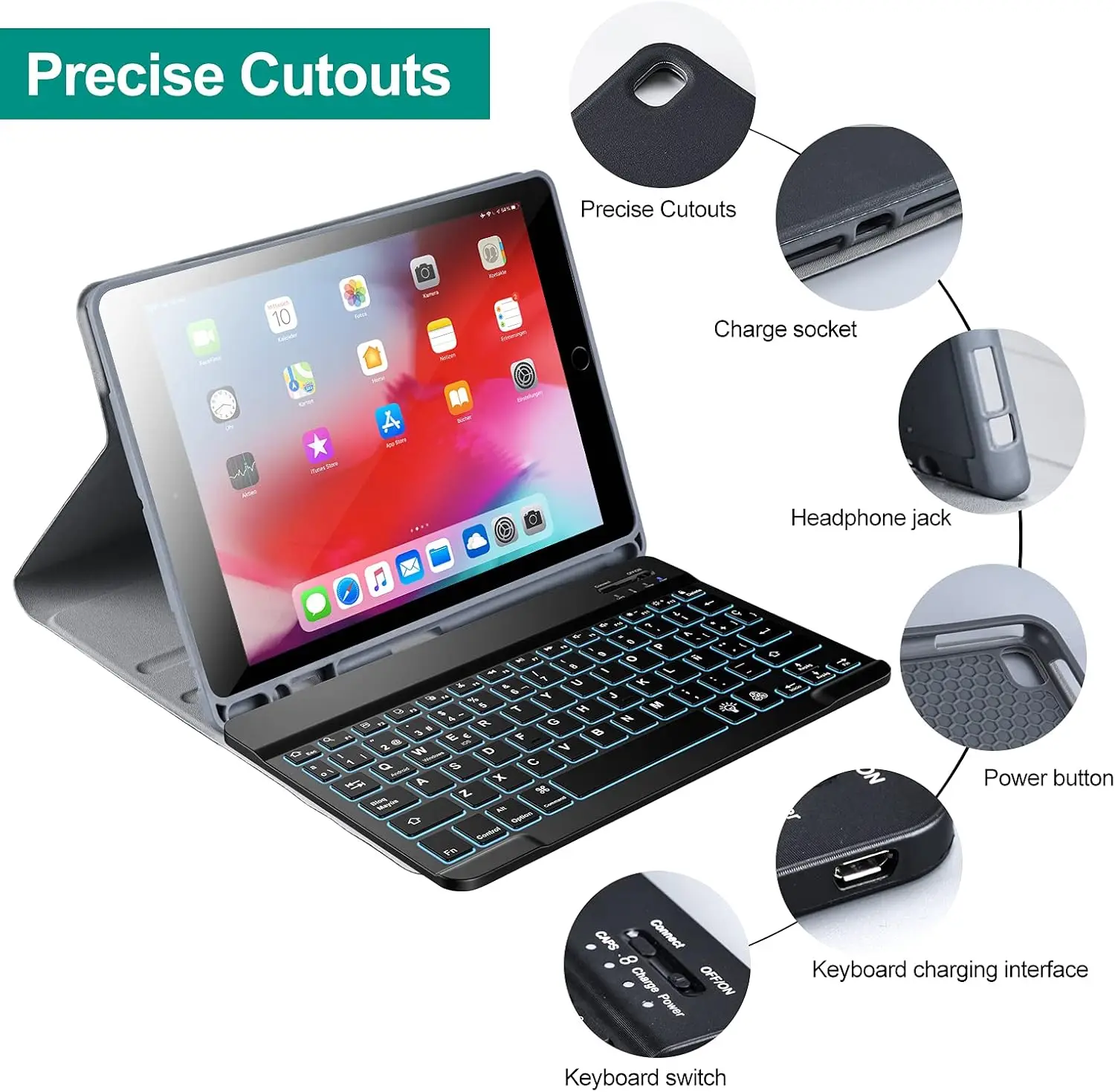 Qoosea hispaania klaviatuuriga kaitseümbris iPad 10,2"/Pro 10,5"/Air 3 - Pilt 5