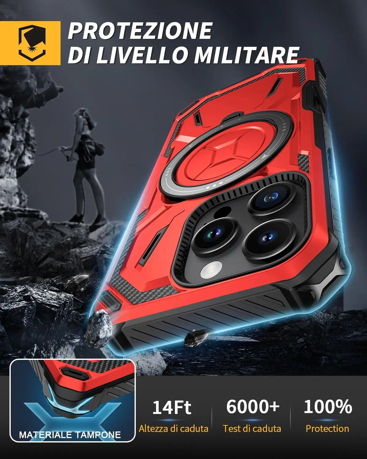 Lanhiem 360° statiiviga põrutuskindel kaitseümbris iPhone 16 Pro telefonile - Punane - Pilt 3