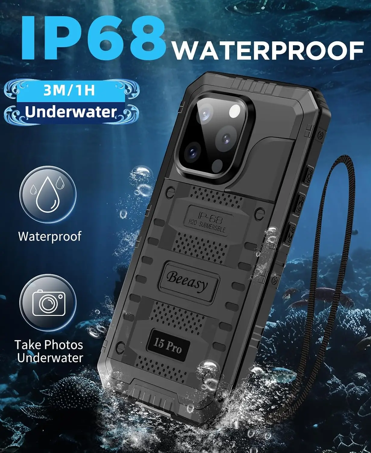 Beeasy 360° vee-, tolmu- ja põrutuskindel metallist kaitseümbris iPhone 15 Pro- Must - Pilt 3