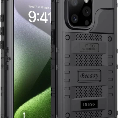 Beeasy 360° vee-, tolmu- ja põrutuskindel metallist kaitseümbris iPhone 15 Pro- Must