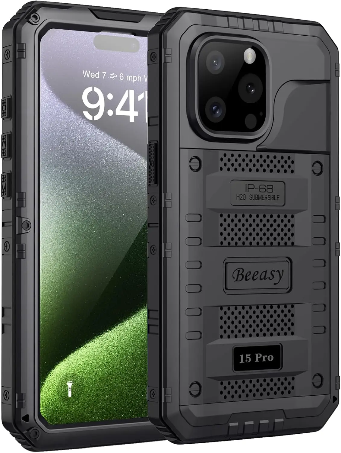 Beeasy 360° vee-, tolmu- ja põrutuskindel metallist kaitseümbris iPhone 15 Pro- Must