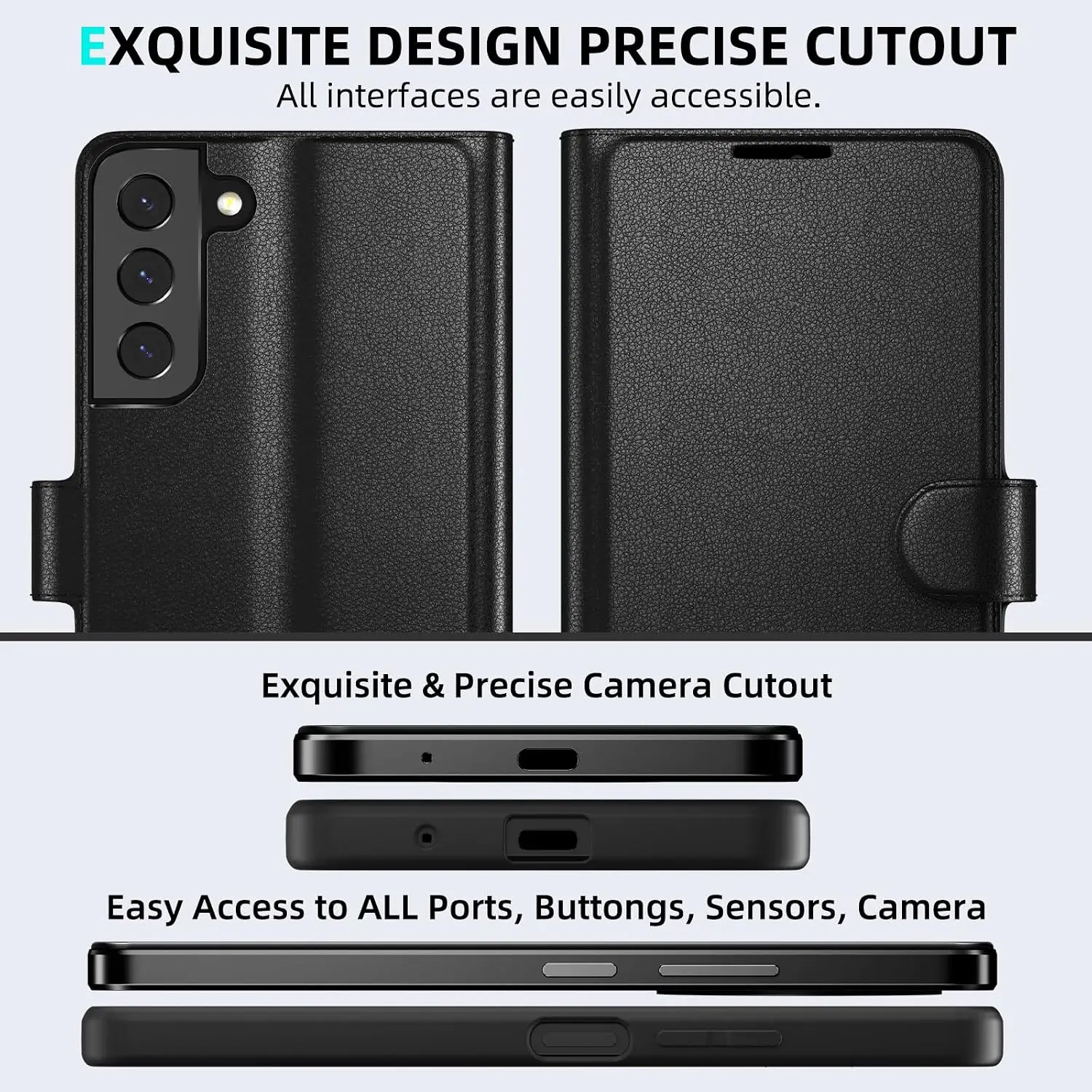 Eirltiy Kaarditaskuga Nahast Kaitseümbris Samsung Galaxy S21 5G+ Kaitseklaas- Must - Pilt 3