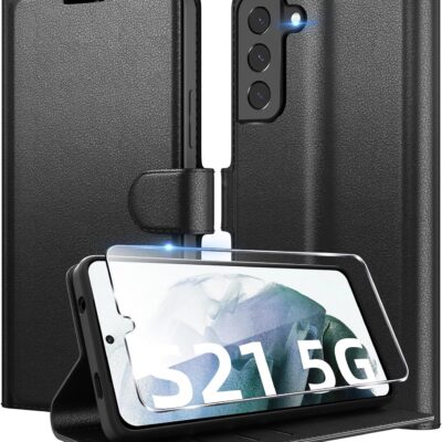 Eirltiy Kaarditaskuga Nahast Kaitseümbris Samsung Galaxy S21 5G+ Kaitseklaas- Must