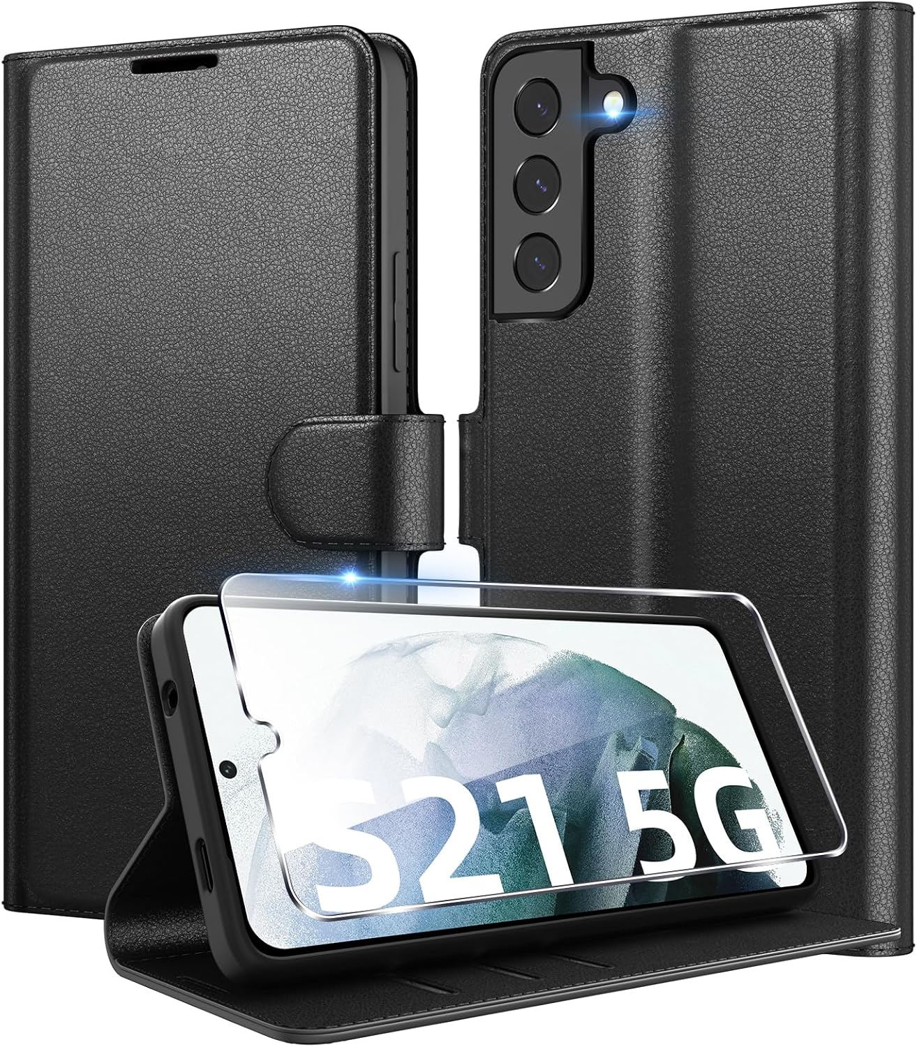 Eirltiy Kaarditaskuga Nahast Kaitseümbris Samsung Galaxy S21 5G+ Kaitseklaas- Must