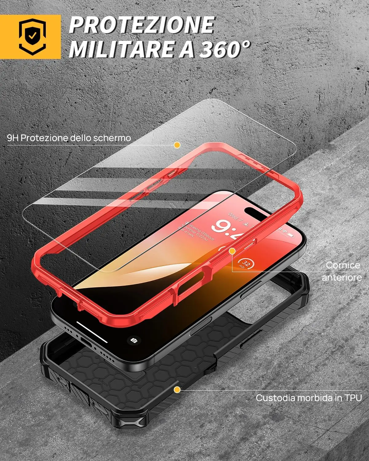 Lanhiem 360° statiiviga põrutuskindel kaitseümbris iPhone 16 Pro telefonile - Punane - Pilt 6