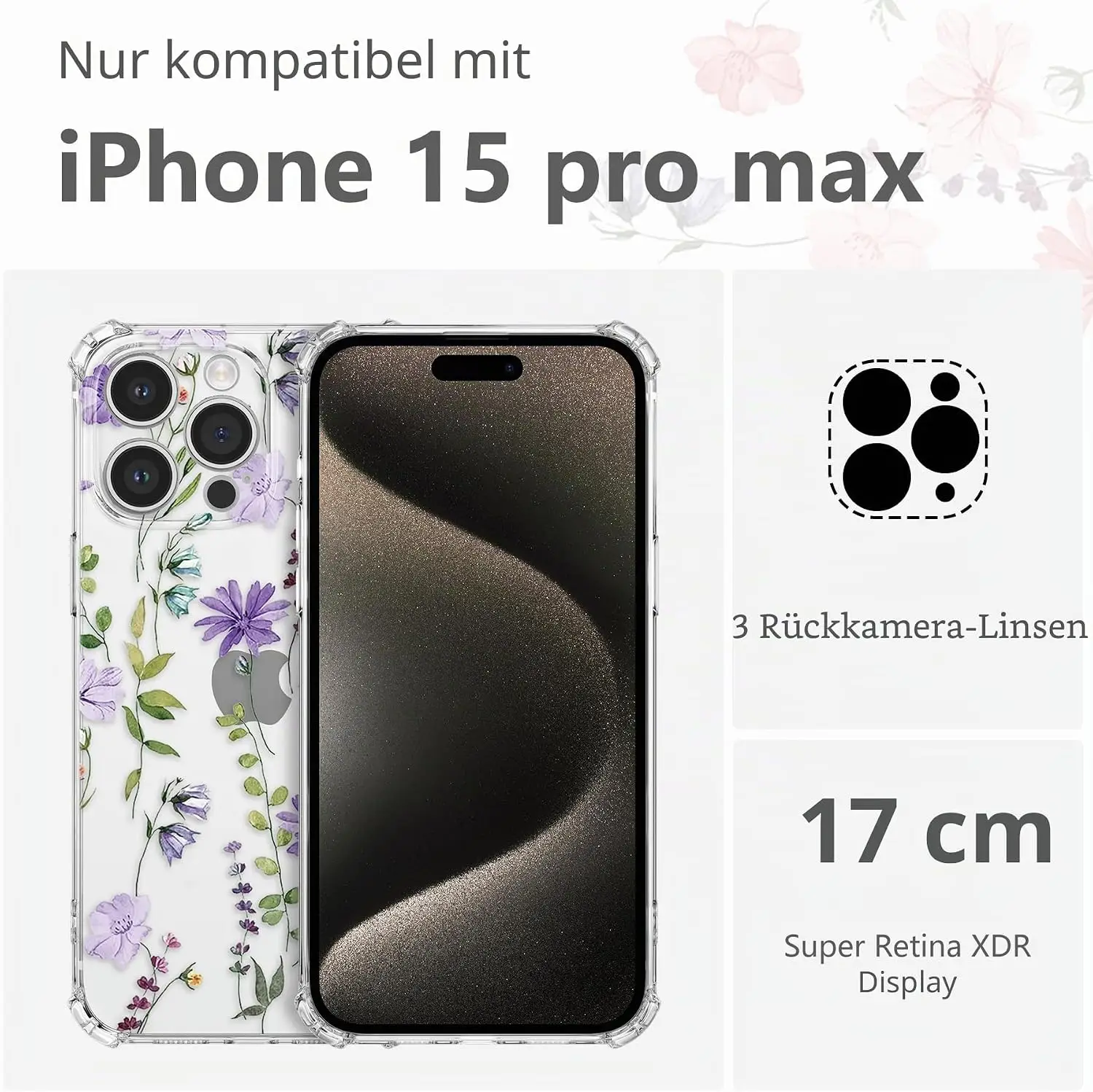 DEFBSC läbipaistev sinise lillemustriga kaitseümbris iPhone 15 Pro Max - Pilt 2